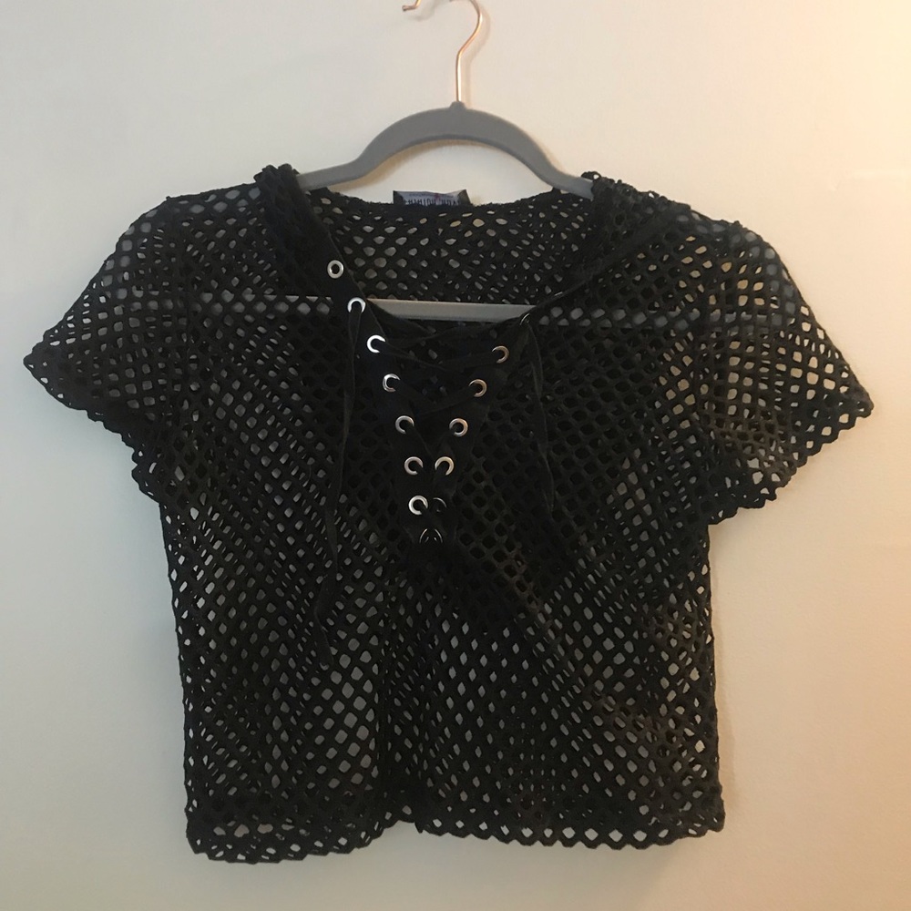 Fashion Nova Hooded Fish Net Crop Top - Size Small